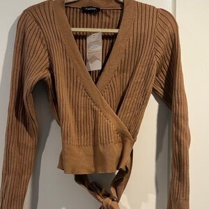 Brown Ribbed Wrap Sweater